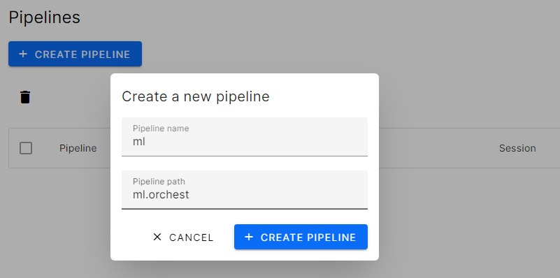 Create new pipeline dialog box
